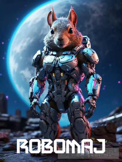 Picture a squirrel with a full body cybernetic upgrade, just the head is normal.
The cybersquirrel is standing in a futuristic space settlement, the details are mostly blurred out, but a planet that fills the sky is shown in fine detail.

The caption reads: “ROBOMAJ”

Many thanks to @amiserabilist@beige.party for this.