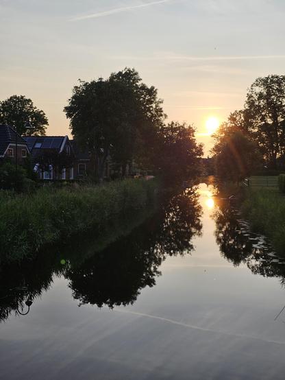 The sun is setting and the light reflects on the water in a canal. You can also see reflections from the trees growing on both sides of the canal
