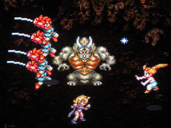 Crono leaps, sword clutched, at the beefy dino-man Nizbel. Marle alley-oops ice magic to him for a killing dunk.