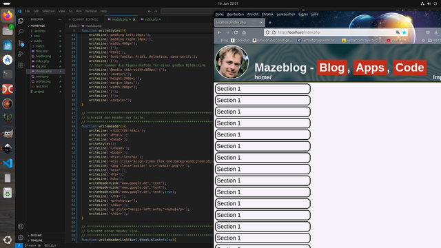 Die Entwicklungsumgebung für eine Webseite, ein bisschen PHP Code, der erste Entwurf der Seite. Es geht um einen Blog, Apps und Code