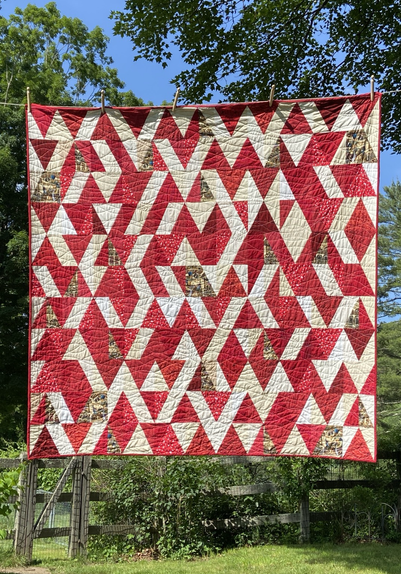 Quilt hanging on a clothesline in red and white with pharaoh fabric interspersed. Random triangle shapes throughout.