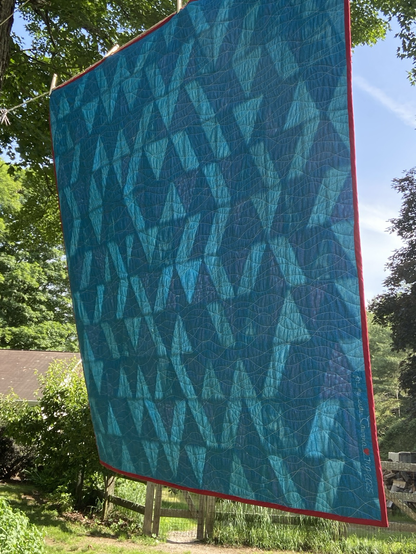 Back of the quilt in a peacock blue with red binding.