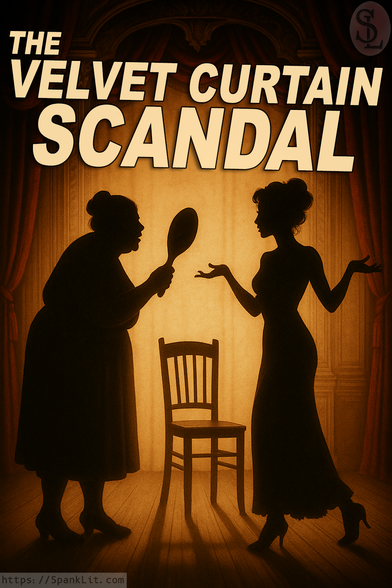 Silhouette of a stern lady wielding a hairbrush, scolding a glamorous younger woman.