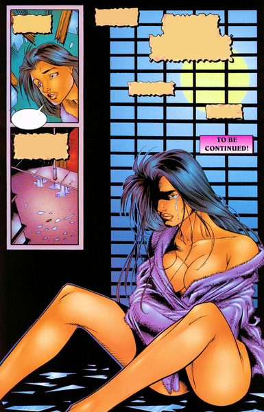 page from Shi the Series #13 showing Shi in her purple bathrobe sitting with legs bent and spread on the ground her hands around her waist or between her legs, she is crying but it looks like she's masturbating, also her legs are coming out of her torso, all dialogue boxes have been removed for captioning purposes