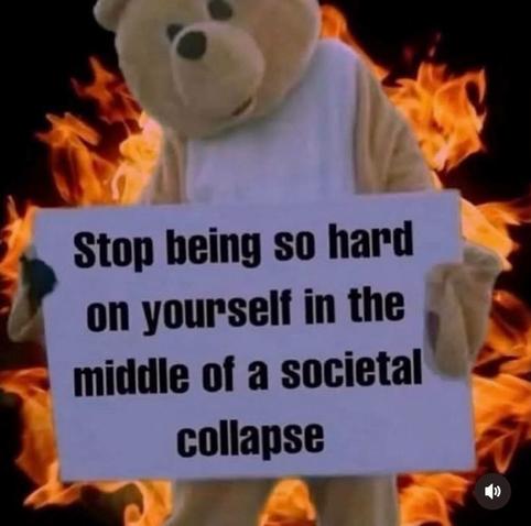 The image features a person dressed in a bear costume holding a sign. The bear costume is light brown with a white bib-like garment. The sign is white with black text that reads, "Stop being so hard on yourself in the middle of a societal collapse." The background is engulfed in flames, creating a dramatic and intense atmosphere. The flames are bright orange and yellow, contrasting sharply with the bear costume and the sign. The overall composition of the image combines elements of humor and urgency, with the bear's friendly appearance juxtaposed against the chaotic backdrop of fire.
