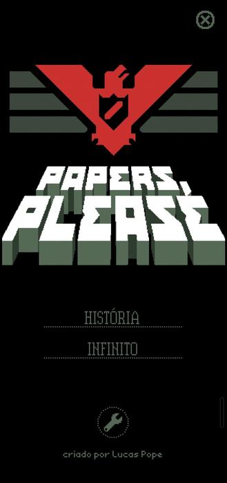 Menu do jogo Papers, Please. Ao centro, o logotipo do jogo, três linhas horizontais verdes interseccionadas no meio por um pássaro vermelho com um escudo no peito. Abaixo as opções do menu: História e Infinito.