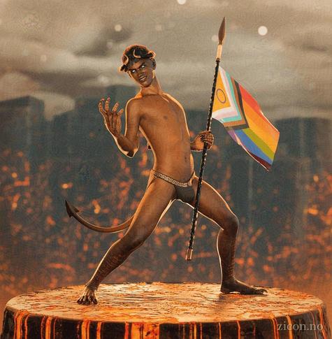 An orange-skinned demon in the shape of a young man with a slim build poses triumphantly on top of a glowing rock platform. He has wicked talons like a raptor's on both hands and feet, and black horns curl around his head. He is hude but for a black jockstrap, and is carrying a spear in in his left hand. Attached to the flag is the progress Pride flag.