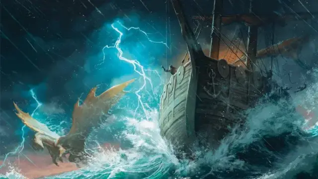 Official D&D artwork, featuring a gold dragon flying next to a ship during a thunder storm.