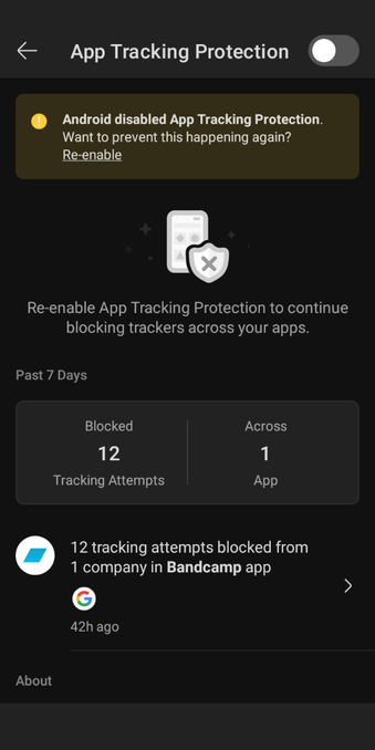 screengrab of the DuckDuckGo app with a dialog near the top showing the app's status reading "Android disabled App Tracking Protection"