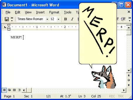 Microsoft Word, with only "MERP!" written. There's a little doodle of a fox in place of Clippy, saying "MERP!" in big letters.