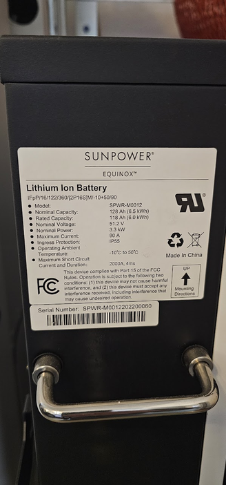 Picture of the detailed specification of a SunPower Equinox Battery.