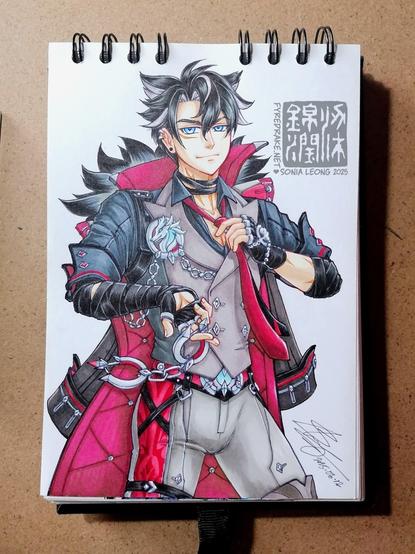 Man with wolfish black/grey hair dressed in black, grey and red clothes, adjusting his tie and dangling handcuffs