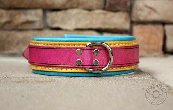 A handmade leather collar in pansexual pride colors. The top strap is magenta, over a yellow base strap and bright aqua liner. It has white thread and nickel plated brass hardware. Front view.
