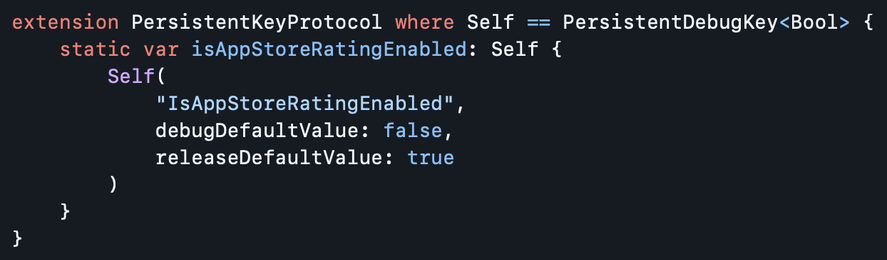Example of implementing a debug key for controlling whether the App Store rating is enabled or disabled.