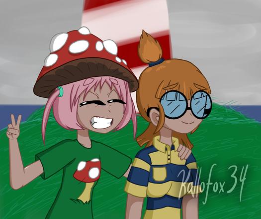 Agarica (a quirky, goofy girl with pink hair, shut eyes, thin pigtails, a fly agaric hat, and a green T-shirt with fly agaric on it) is grinning widely and doing a victory sign, while her friend Amanita (a smart, nerdy, confident girl with light brown hair, large round black grasses, a hair bun, and a yellow-and-blue polo shirt) is smiling. Agarica's left hand is on Amanita's left shoulder.