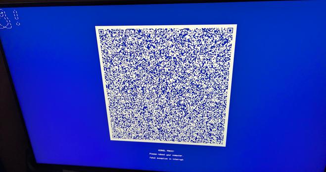 A blue screen of death, but basically the Linux version of it. There is a huge QR code in the middle and text below it that says kernel panic.