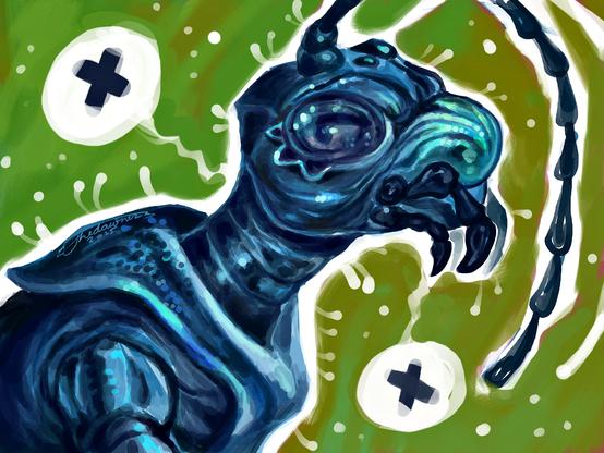 A digital portrait of an anthropomorphic blue mud dauber character.