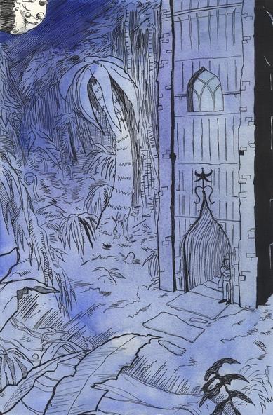 a mostly blue painting with a white moon of an angry little dude in a tower in a jungle. there are trees and water and a darkening sky.