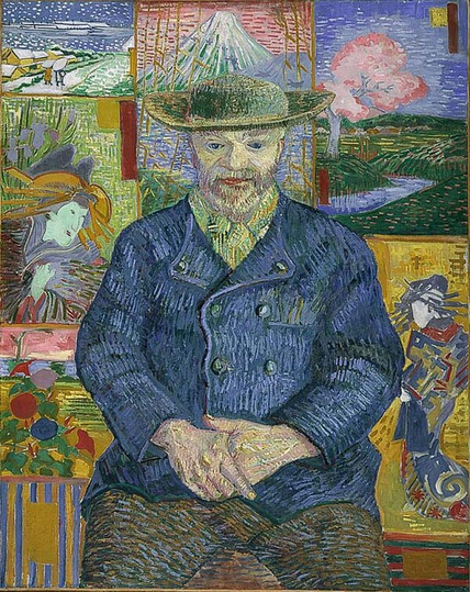 A Post-Impressionist portrait. A bearded man, with a pleasant expression, sits with his hands folded in his lap. He wears brown trousers, a blue jacket, a greenish shirt, and a broad-brimmed hat, and behind him is a wall covered with Japanese prints, including a view of Mt. Fuji, a floral, a dancing girl, and a grimacing actor.