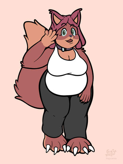 a flat colored drawing of a chubby brown fox wearing a white tank top and grey track pants, posing and smiling and waving at you, the viewer