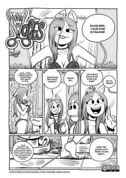 First page of 'Voces', by ElRotoChoro.
Aurora, an anthropomorphic horse, is looking at herself in the mirror and admiring her hair. She is in her underwear. She says 'Dang, Girl, your hair is Killing!... Hum. Still, there's kind of something off about it though'.
Her reflection starts talking to her. 'Something like what, Aurora?'. 'Hmmm IDK....'.
The reflection offers 'Uh! I Know! What if you dyed your hair?' The other Aurora thinks about it 'Do ya think?'
'Yeah! Wouldn't you like to dye your hair an extravagant color? I mean, look at you, you're an artist and you have that drab brown color.'
'I like the color, but I think you're right...'.