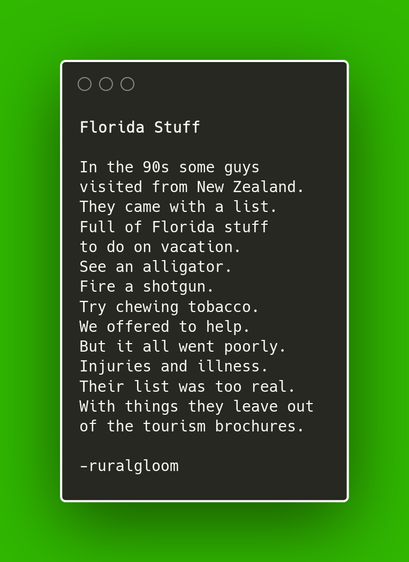 In the 90s some guys visited from New Zealand. They came with a list. Full of things to do on vacation. See an alligator. Fire a shotgun. Try chewing tobacco. Florida stuff. We offered to help. It all went poorly. Injuries and illness. Their list was too real. With things they leave out of the tourism brochures.