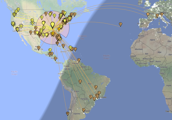 Map of most of the western hemisphere, showing dozens and dozens of contacts across North America and a handful from South America and Europe.