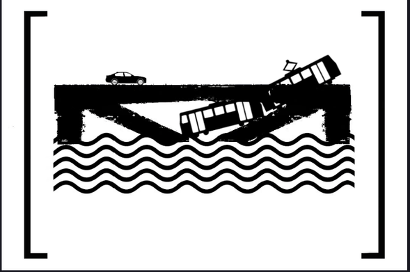 Schwarz-weißes Piktogram, darauf unten Wasserwellenlinien, darüber zwei Brückenbalken auf zwei Pfeilern (rechts und links), wobei auf dem einen Balken ein Auto und auf dem anderen zwei Straßenbahnwaggons stehen. Der Balken mit den Waggons jst in der Mitte in die Wasserwellenlinien hinein eingeknickt. Das Piktogram ist durch zwei eckige Klammern (rechts und links) eingerahmt.