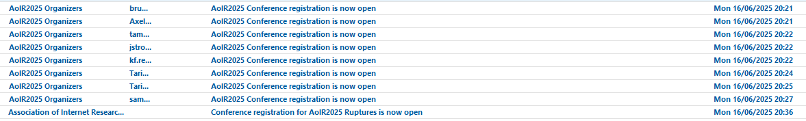 A series of emails from the AoIR 2025 organisers, notifying me that AoIR2025 Conference registration is now open.