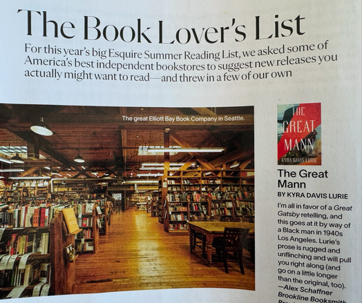 Esquire Magazine,s Summer Reading Fuide with my novel THE GREAT MANN as one of their book picks