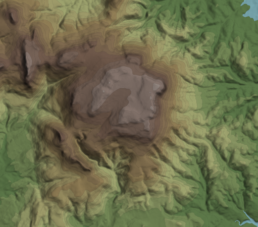 A shaded contour map of a mountain in green, yellow and brown