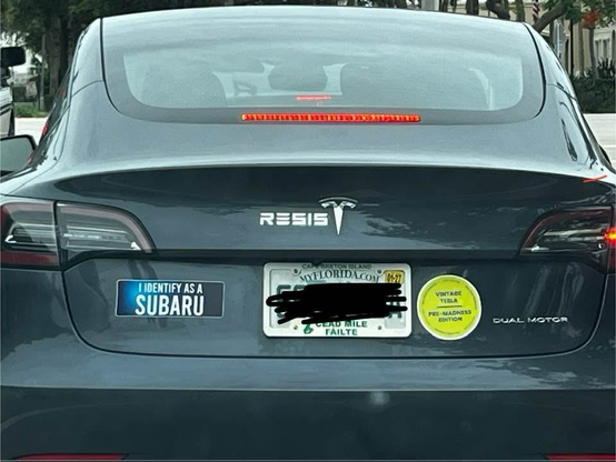 (A Tesla with a Florida tag) RESIS(T for Tesla) (Stickers) I IDENTIFY AS A SUBARU - MADNESS EDITION