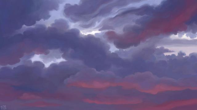 Digital painting of a twilight sky, full of long, dark clouds, some nocturnal shade of blue-grey with highlights of pink in places.