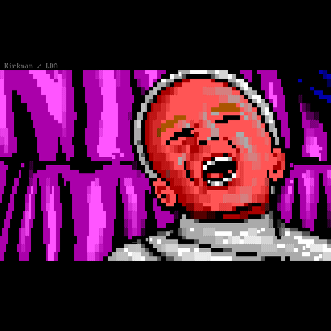 A deceptive child with orange eyebrows and an offputtingly low voice laughs after tricking the crew of the USS Enterprise.
