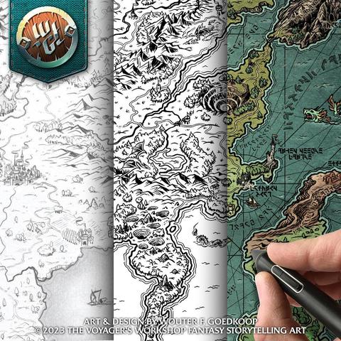 A composite image showing how I go from sketch, to inking, and finally colouring a fantasy map. Each stage is an opportunity to make addition and changes to make the map the best storytelling device for GM and players.