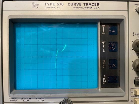 the trace of a poorly working tunnel diode on a curve tracer. The negative resistance is very subtle.