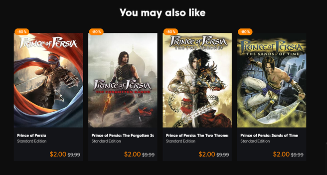 You may also like

Prince Of Persia $2.00
Prince Of Persia :The Forgotten Sands $2.00
Prince Of Persia :The Two Thrones $2.00
Prince Of Persia :The Sands of Time $2.00

Normally priced $9.99 each