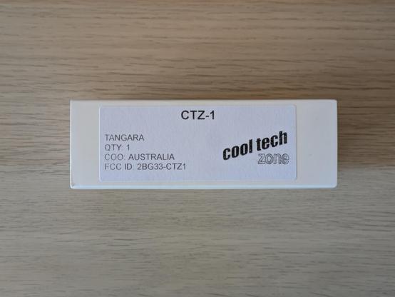 A photo of the side of the box. Text reads: CTZ-1, Tangara, Quantity: 1, Country of origin: Australia, FCC ID: 2BG33-CTZ1. It also shows "cool tech zone" in stylised text - this is the name of the design studio.