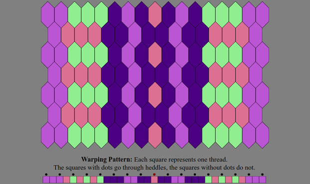 An Inkle weaving diagram and warping pattern in the color sequence listed in the text description: The warping pattern is a line of colored boxes with small dots above every other one, above which it states: "Warping Pattern: Each square represents one thread. The squares with dots go through heddles, the squares without dots do not." The weaving diagram is a series of tessellated lozenge shaped tiles illustrating how the pattern will appear when woven.
