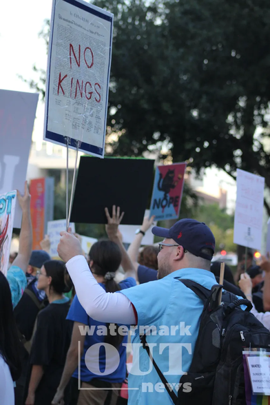 A picture of me, from behind and to the left, wearing a blue shirt and ball cap and a backpack, holding a sign that's a copy of the Declaration of Independence with "NO KINGS" scrawled across it in red paint.