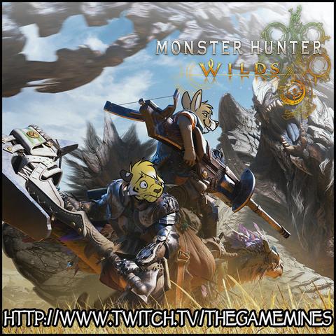 A picture of two monster hunters one with a giant hammer and the other with a bowgun. The characters heads have been drawn over one with a tiger and the other with a corgi. The Monster Hunter Wilds logo is in the upper right.