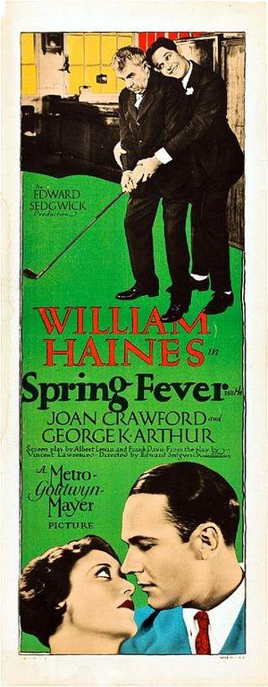 A poster of the film. A man is trying to play gold while a younger man is trying to help him from behind. Both men are wearing black suits, black trousers and black shoes. There is a smaller photo below of a couple who's looking at each other's eyes.