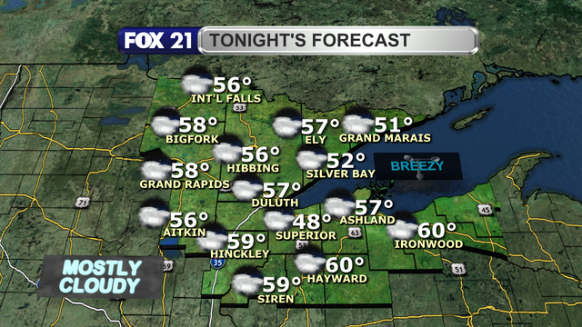 Showers and thunderstorms are moving out of the Northland, with skies remaining mostly cloudy Monday night with some light winds from the northwest.  Low temperatures will remain mild in the 50s.
