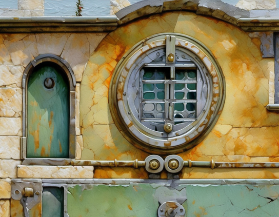 A circular barred window and an arched green door, set in a cracked yellow stone wall, with weathered textures and rusted metal detailing.