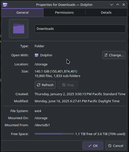 dolphin file properties for /storage/Downloads, the current size is "140.1 GiB" with 10,860 files and 1,833 sub-folders