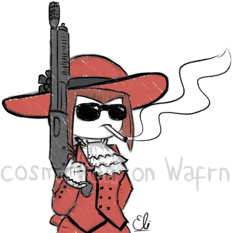 Digital flat color doodle of Madam Red from Black Butler, drawn in chibi style from the hips up. She is wearing sunglasses and smoking. She is holding up a shotgun with her right hand and looks very serious. The background is white.