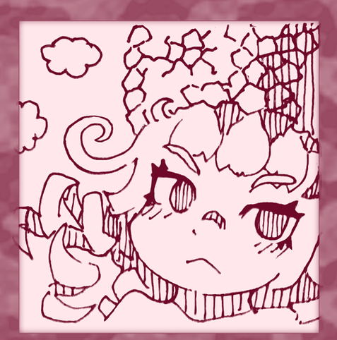 An ink drawing of a Truffle mushroom girl looking off into the distance.