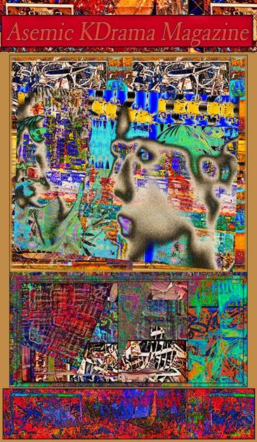 Top line : Asemic KDrama Magazine
Monochrome Man Ray style solarization of the faces of a couple from a Korean Romcom TV show is blended with brightly neon techno-pop coloured background, that incorporates asemic writing, text, and glyphs.