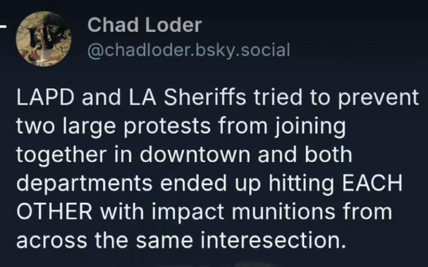 "LAPD and LA Sheriffs tried to prevent two large protests from joining together in downtown and both departments ended up hitting EACH OTHER with impact munitions from across the same interesection."