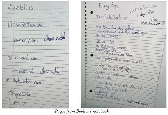 Photographs of handwritten notebook pages labeled “pages from Boelter’s notebook” showing multiple references to data broker peoplesearch sites